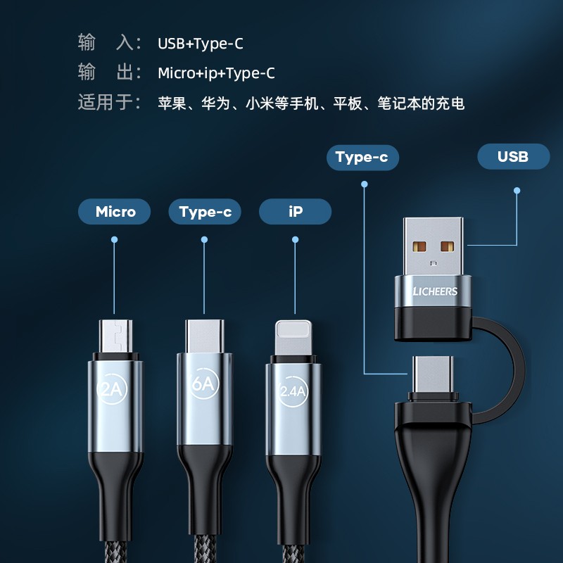 领臣(licheers) 数据线三合一快充100W LC-469 (规格:条)高清大图