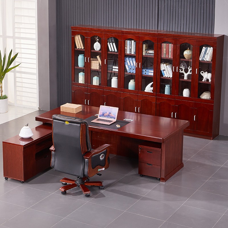 金扎特大班台办公桌总裁桌组合简约现代老板桌椅 红胡桃色 2.4*1.2米班台(含副柜、小柜)高清大图