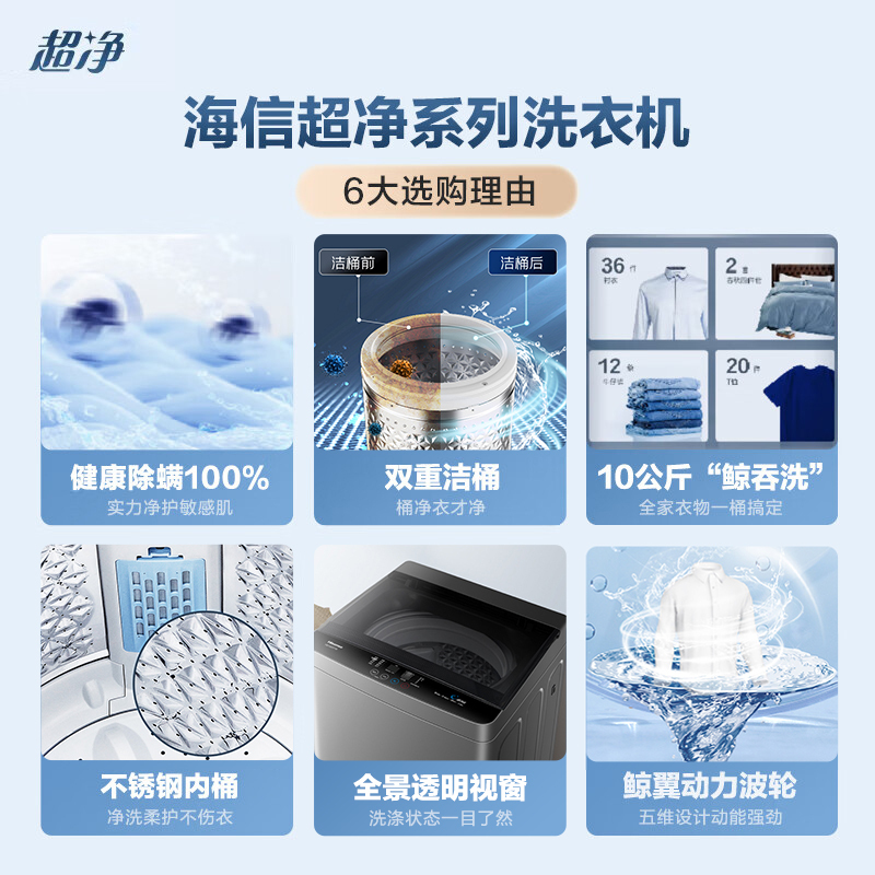 海信(Hisense)10公斤 波轮洗衣机 大容量 全自动 家用 双重桶自洁 除螨100% 快洗 HB100DF56