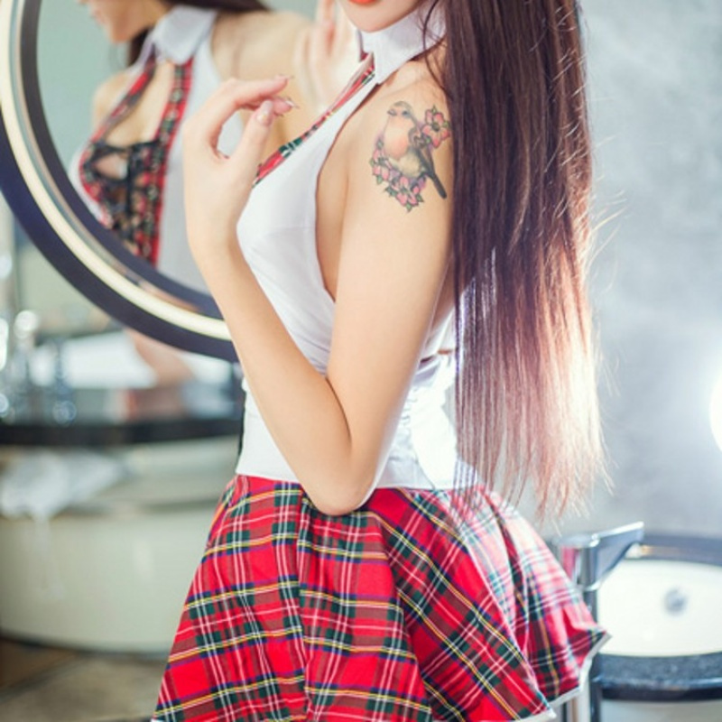 情趣内衣连体露胸学生服带挂超级脖性感带领格子连衣裙sm激情装