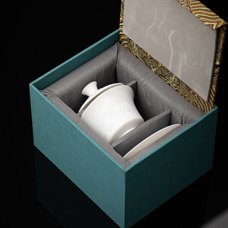 苏氏陶瓷/SUSHI CERAMICS JA08 冰种玉瓷薄胎泡茶碗浮雕“江山”三才盖碗150ml礼盒装