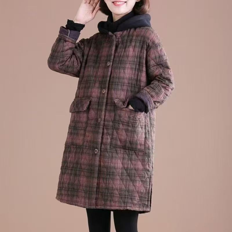 秋冬新款复古棉麻格子中长款连帽棉衣女加绒加厚大码保暖棉袄大衣_1