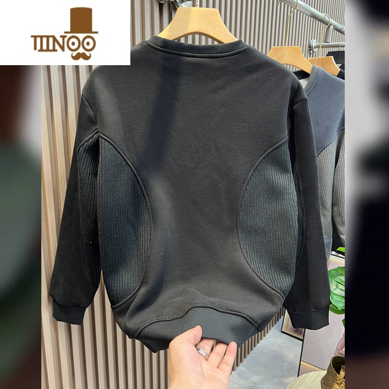 YANXU卫衣男2023新款宽松百搭圆领拼接休闲美式冬装加绒上衣潮牌高清大图