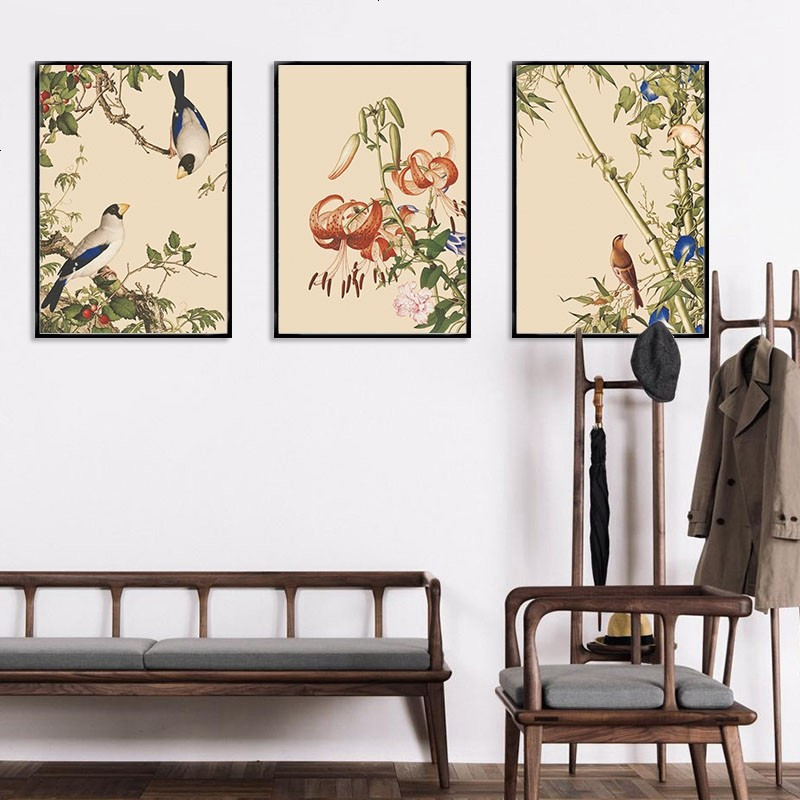 新中式客厅书房走廊装饰挂画花鸟工笔画三联副卧室壁画组合楼梯画