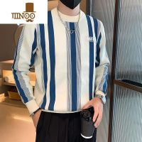 YANXU百搭撞色蓝杏竖条纹男士长袖卫衣男新款潮流圆领针织衫男港风毛衣