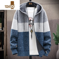 YANXU秋季针织衫男士开衫外套加绒加厚连帽拼色毛衣男时尚衣服外穿夹克