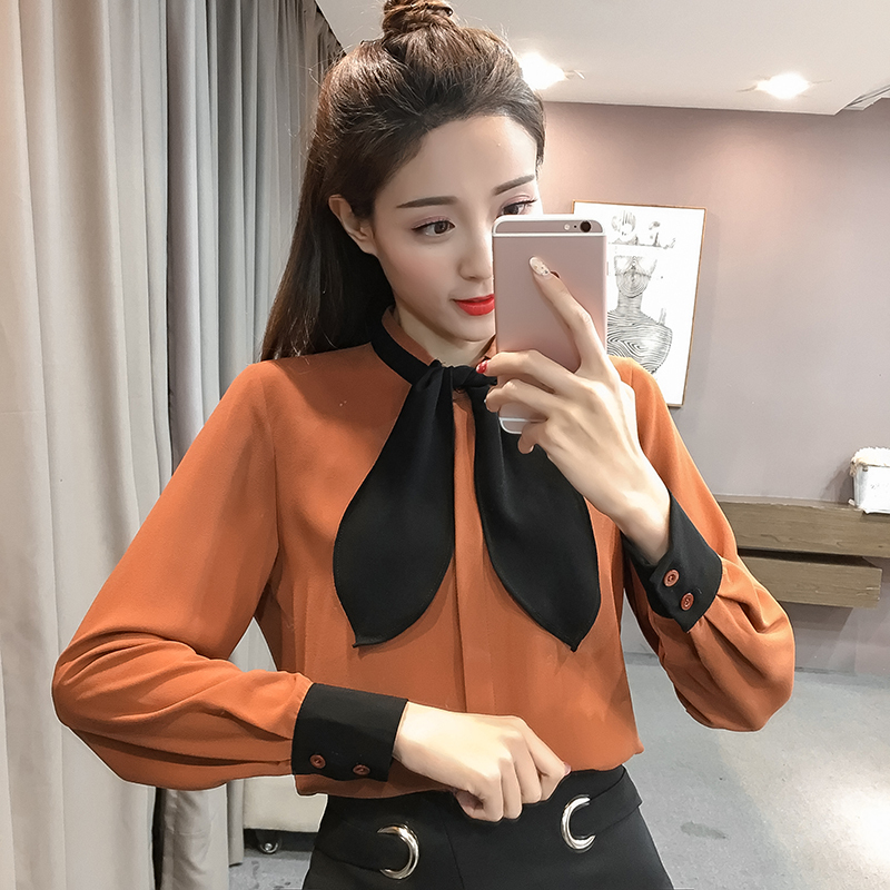 2018年秋装新款时尚韩版显瘦蝴蝶结上衣衬衫女韩范百搭长袖衬衣潮