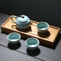 苏氏陶瓷 SUSHI CERAMICS 汝窑茶具巧把西施茶壶开片可养金线一壶三茶杯旅行功夫茶具套装送竹木茶盘