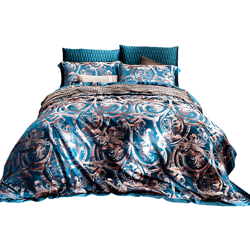 美帮汇自然风桑蚕丝欧式色织四件套结婚庆真丝丝绸被套提花