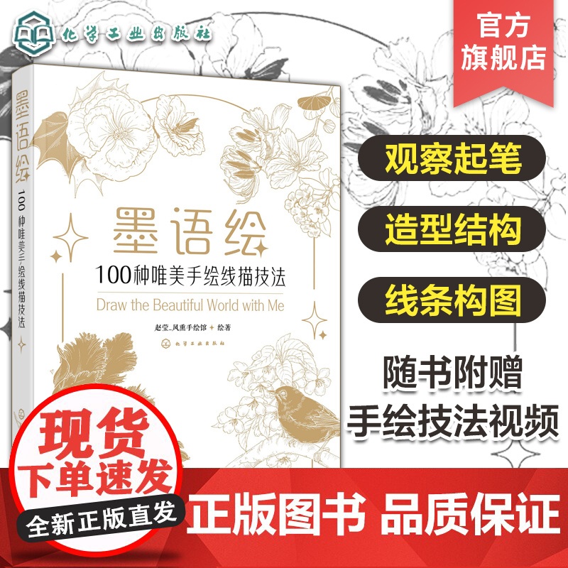 随书附赠视频讲解 墨语绘 100种唯美手绘线描技法 手绘线条构图技法造型结构 手绘步骤图解 花鸟植物手绘插画设计零基础教高清大图