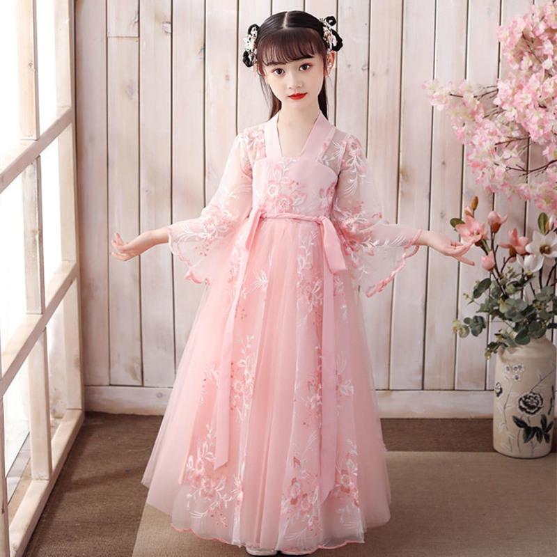 汉服儿童古装超仙中国风襦裙女童连衣裙12岁女孩樱花仙女长袖唐r 粉色