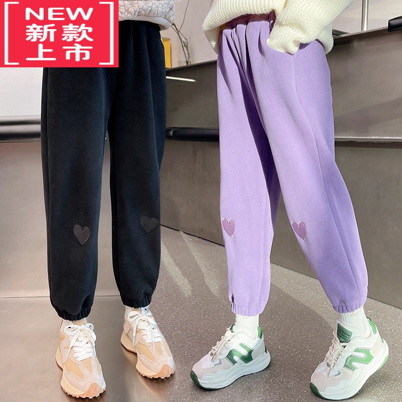 可莉允女童加绒运动裤冬季2022新款洋气爱心保暖卫裤休闲裤儿童加厚裤子保暖裤