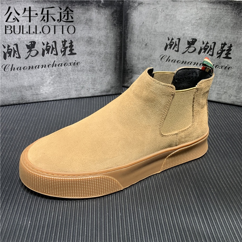 公牛乐途2021冬季新款加绒高帮鞋防滑牛皮板鞋保暖一脚蹬工作靴男士翻毛皮短靴