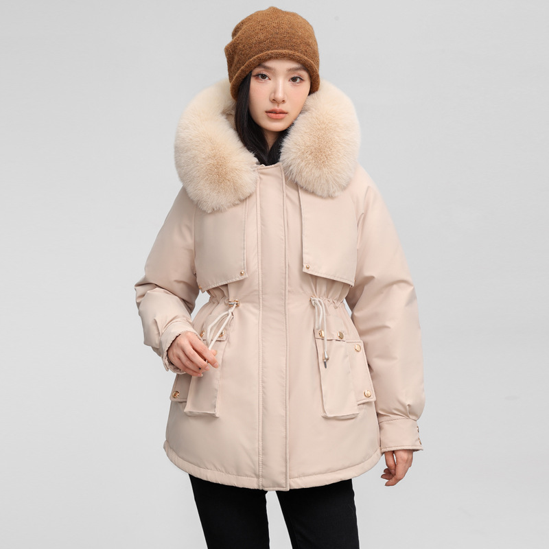 加绒加厚派克服女冬季2024新款大毛领可拆卸连帽洋气宽松棉服外套