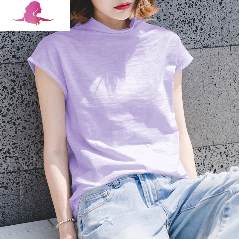 艳如飞夏季竹节棉宽松短袖t恤女装韩国半袖女上衣大码棉半高领打底衫