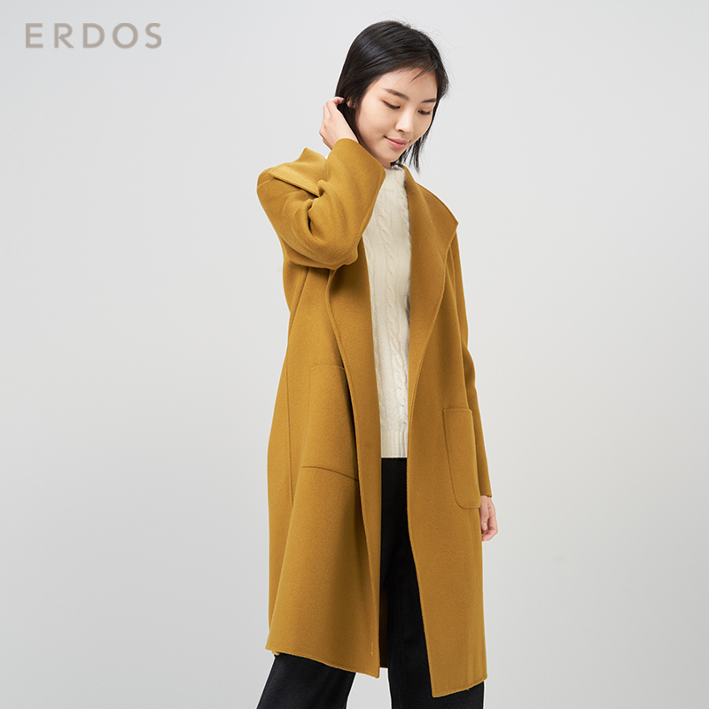鄂尔多斯ERDOS 秋冬绒毛混纺简约百搭中长款女士大衣毛呢外套