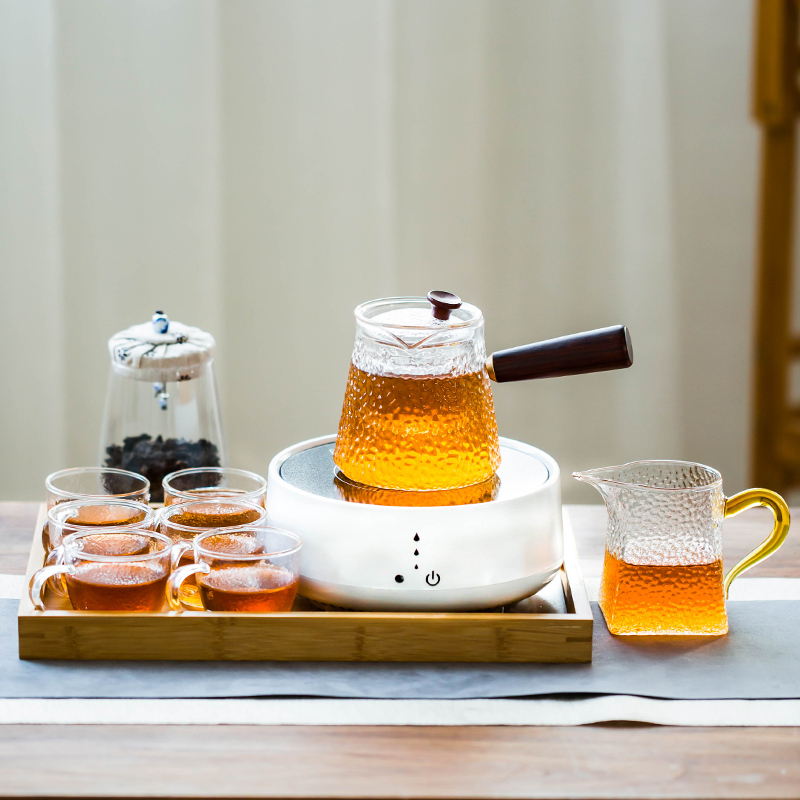 耐热玻璃茶壶金蛋电陶炉煮茶器家用小型电热茶炉蒸煮茶壶烧水泡茶 《触摸》白色电陶炉+《圆形》锤纹蒸8件套+茶叶罐+托盘