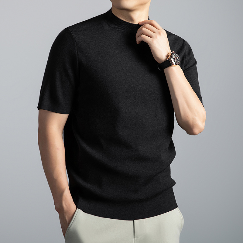 16针莱赛尔可机洗羊毛衫男2025秋冬新款半高领打底短袖毛衣男