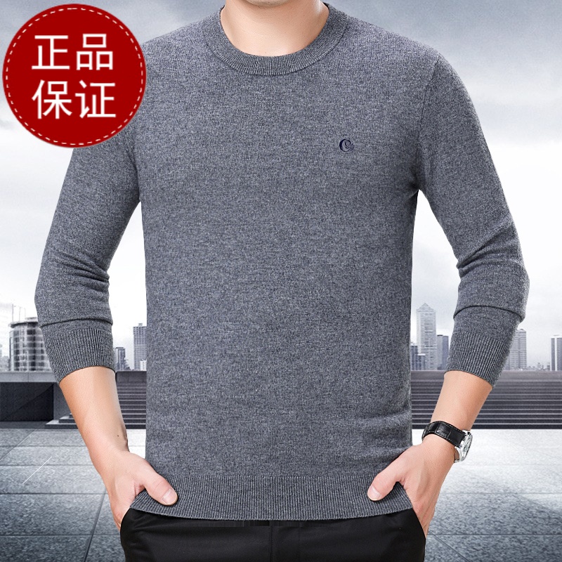 品牌山羊绒 免费试穿春秋季新款羊绒衫圆领男士毛衣羊绒衫男薄款纯色套头100%纯羊羊毛衫品牌专卖店胸前绣花 灰色 180/92A