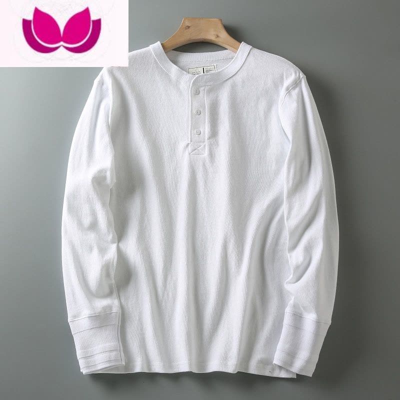 七斓新款 美式休闲亨利衫男士复古简约百搭纯色日常长袖T恤衫打底图片