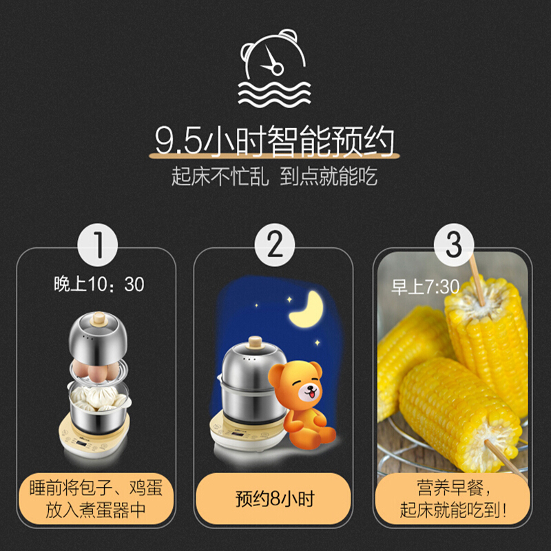 小熊煮蛋器 家用微电脑预约定时不锈钢多功能迷你双层煎蛋器蒸蛋器ZDQ-A14E6