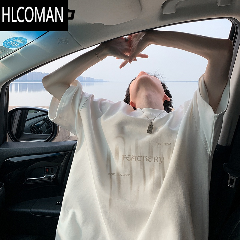 HLCOMANNELY潮流短袖T恤男夏季美式模糊字母休闲半袖体恤上衣