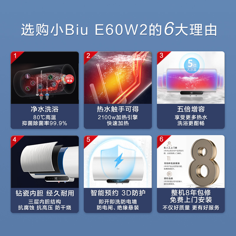 苏宁极物小Biu电热水器E60W2家用卫生间洗澡淋浴储水式