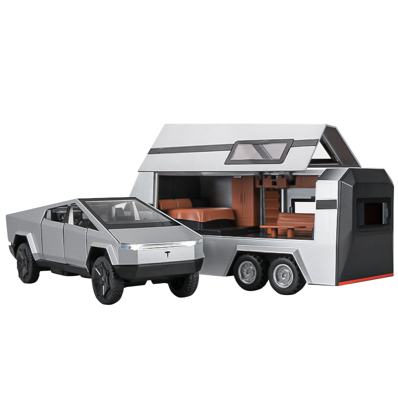 特斯啦皮卡拖挂房车玩具车儿童男孩汽车仿真合金车模型可开门
