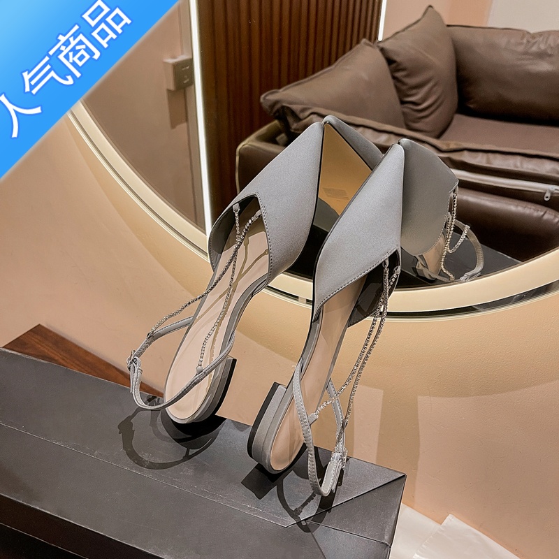 SUNTEK2023年新款黑色绸缎尖头高跟鞋女细跟单鞋夏季水钻设计感小众百搭高清大图