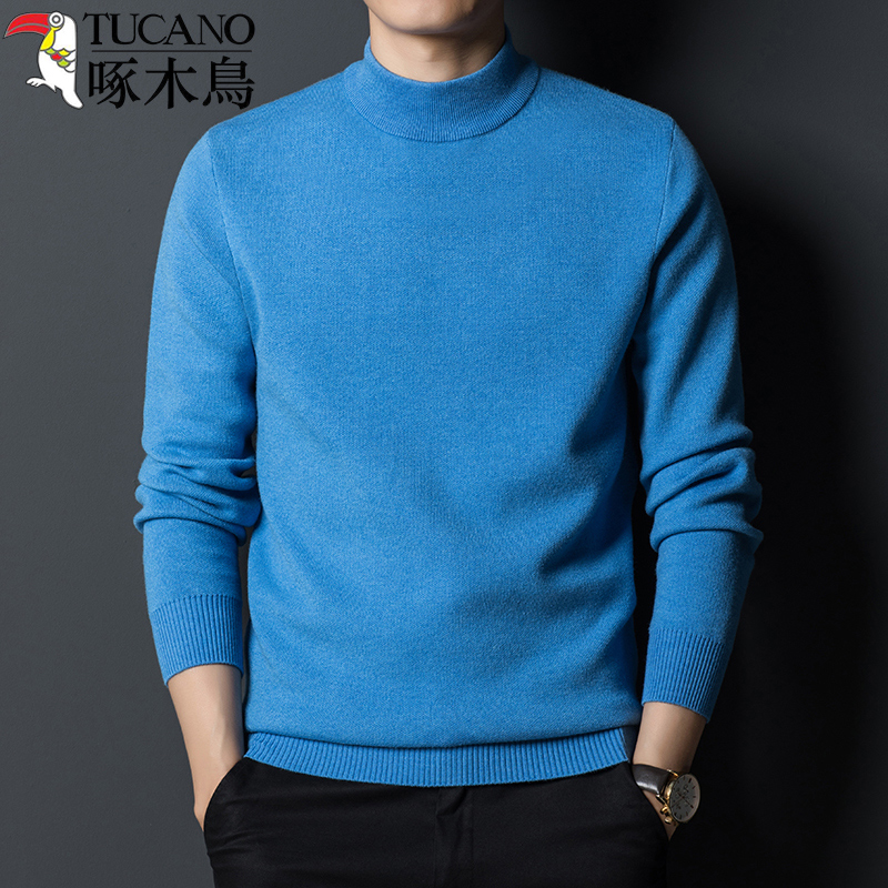 啄木鸟秋冬新款加厚保暖半高领毛衣男中年休闲男士羊毛打底针织衫 SLF-B666天蓝 185/XXXL推荐85-95KG