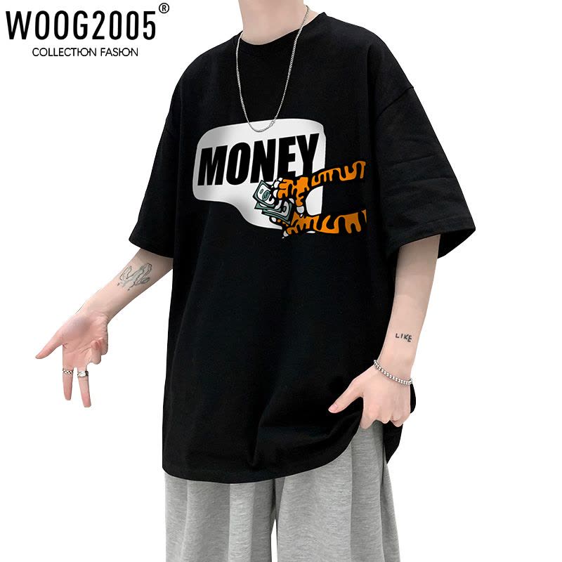 WOOG2005男士t恤高街ins潮纯棉克莱因蓝短袖男夏季情侣体恤五分袖图片