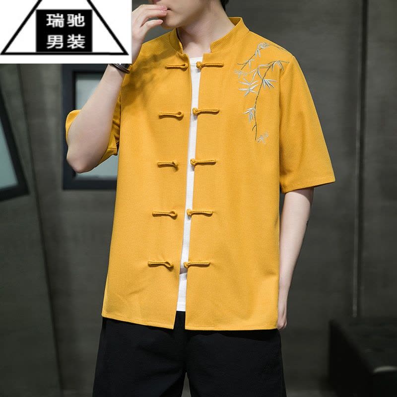 希杰狮王复古刺绣汉服中国风夏季轻薄冰丝短袖衬衫男中式唐装宽松大码上衣图片