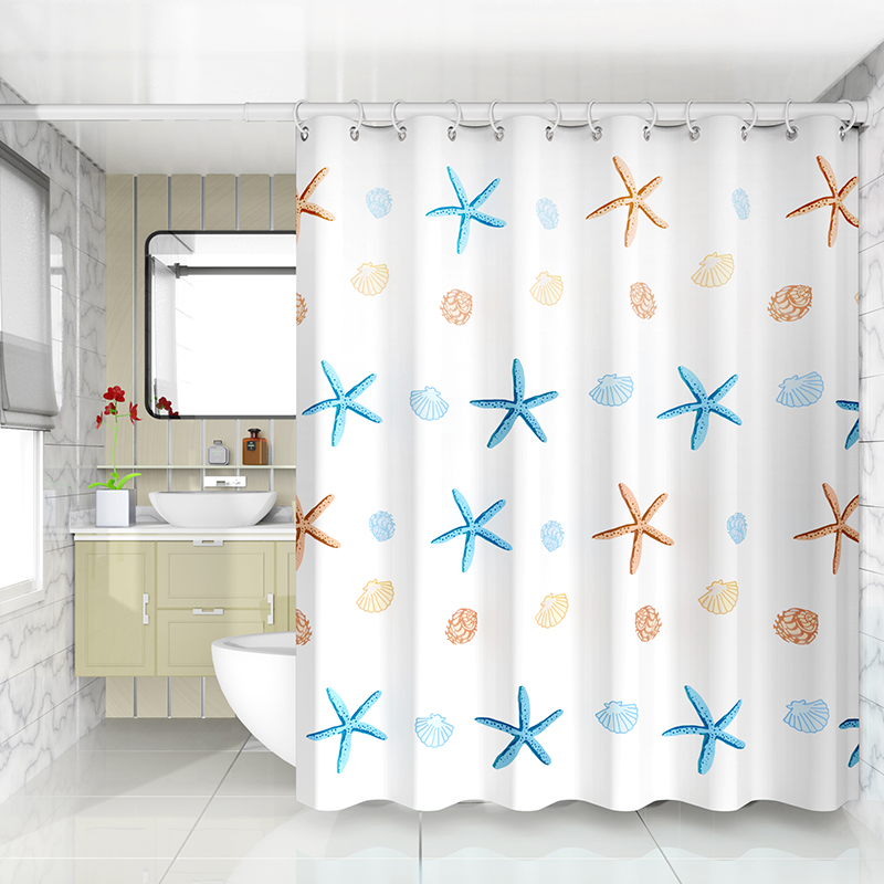 朗宅浴室浴帘隔断卫生间防霉套装免打孔门帘子挂帘高档防水布洗澡窗帘 蓝色海星 单帘：帘宽150*高180cm+绑带