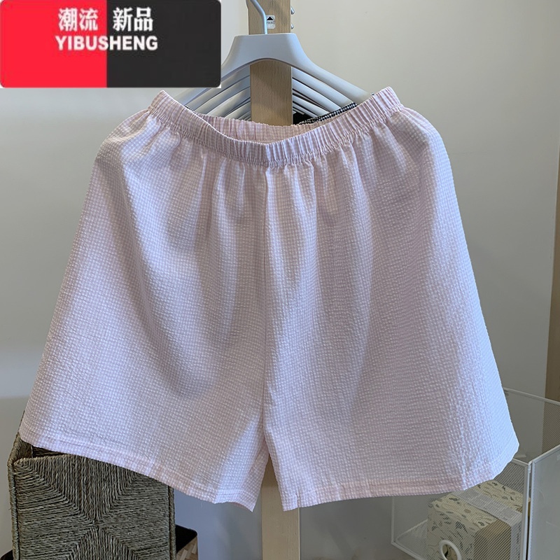 YIBUSHENG格子睡裤女薄款居家懒人裤直筒休闲阔腿裤外穿居家短裤高清大图