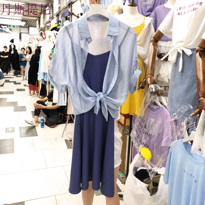 2018夏装新款纯色带打底裙子配衬衫上衣两件套中长款韩版裙子女黄色均码