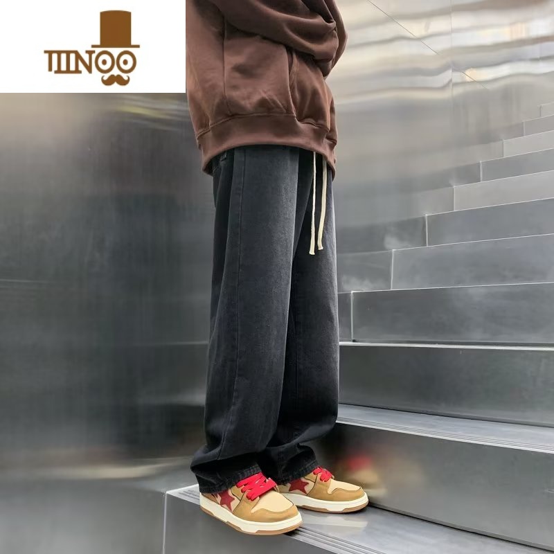 YANXU美式水洗做旧红色大码牛仔裤男宽松直筒oversize高街抽绳阔腿裤子高清大图