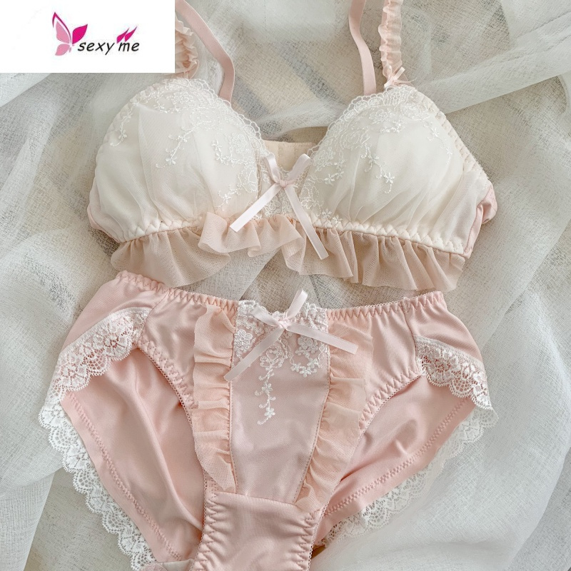 threepig日系甜美少女文胸雪纺蕾丝内衣下摆filhbalket文胸套装fish