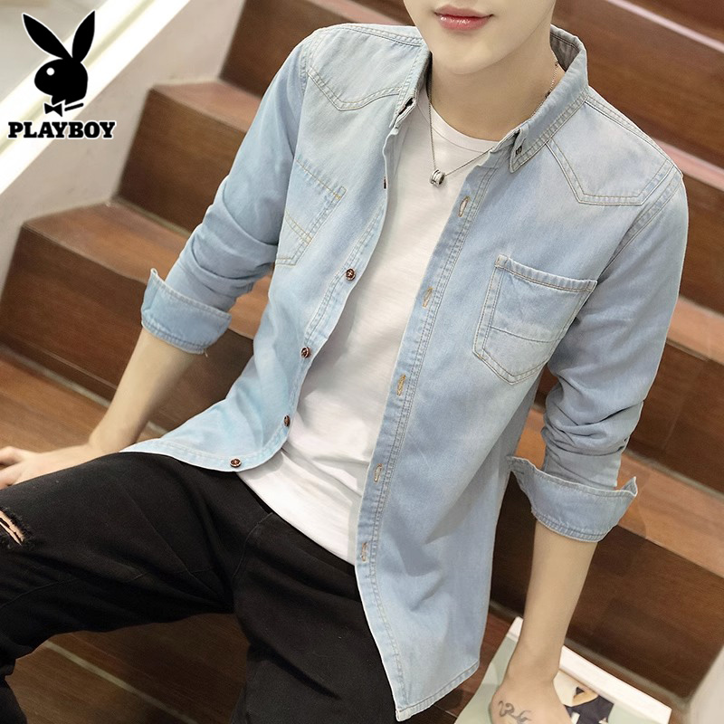花花公子牛仔衬衫男士休闲含棉外套夏季新款韩版潮流长袖衬衣男棉高清大图