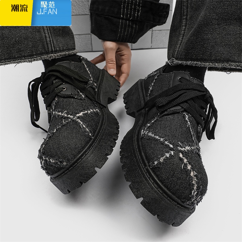 聚范男鞋秋季小众破洞帆布米奇黑色板鞋男厚底增高休闲大头德比鞋高清大图