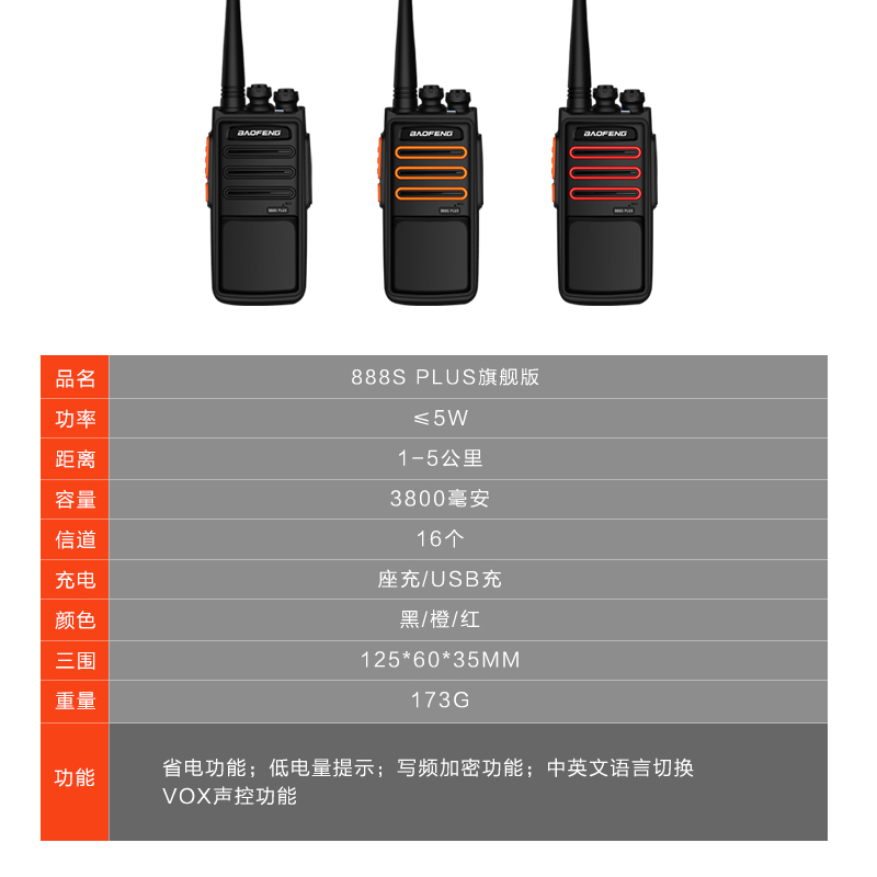 宝锋(BAOFENG)BF-888S PLUS 旗舰版 对讲机 专业民用商用宝峰大功率对讲机手持台 送USB直充线 黑色