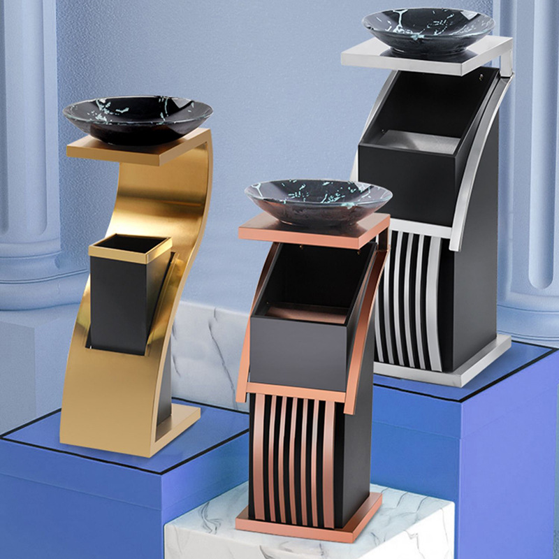 酒店大堂立式不锈钢大厅用电梯口走廊灭烟桶S型 钛金色高清大图