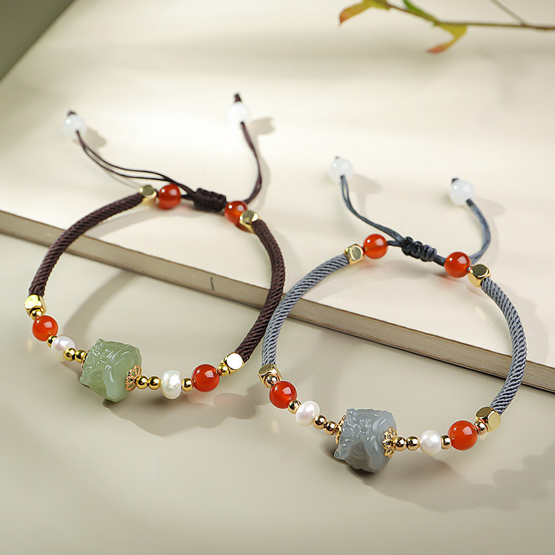 印象眸和田玉手绳萌狮搭配玉髓编织女款手链两款可选附送证书