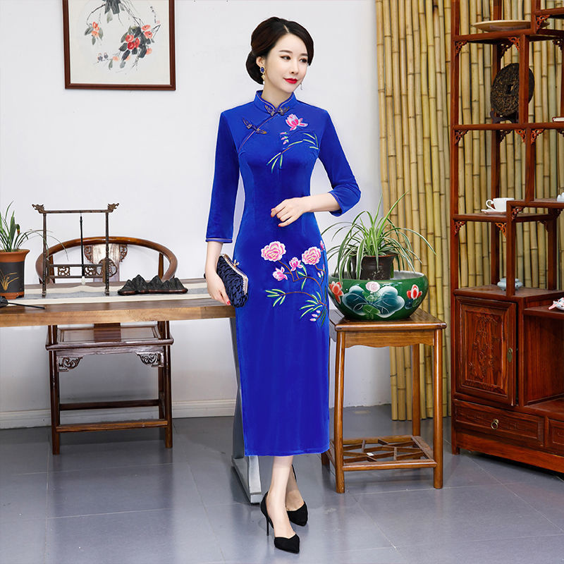 calfland金丝绒旗袍新款女中国风复古绣花中长款旗袍绣花旗袍