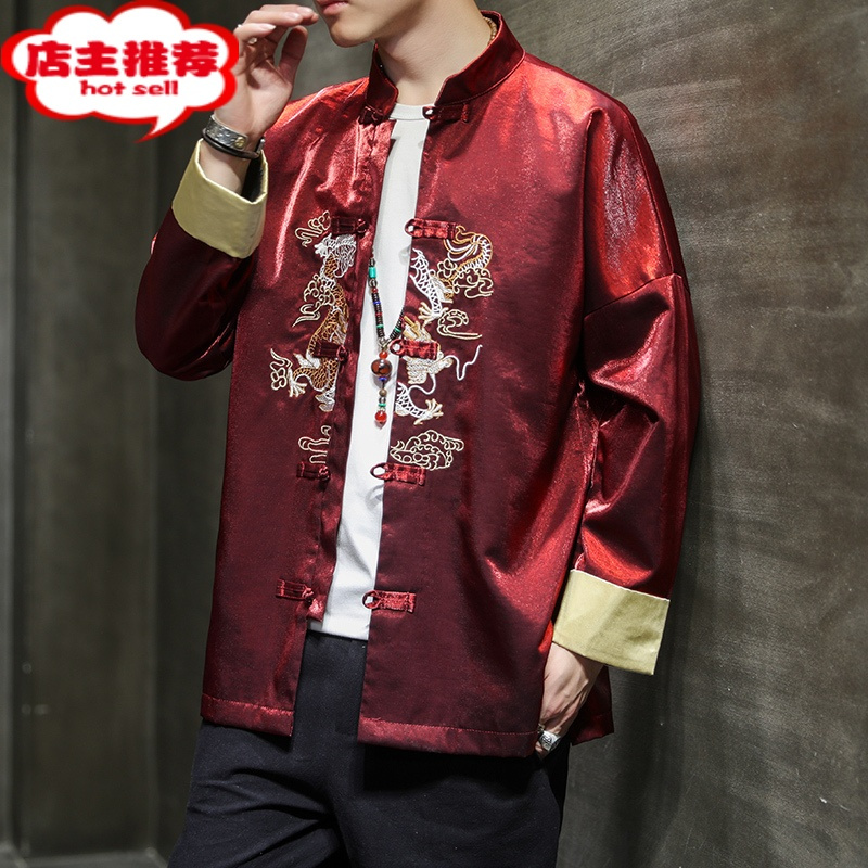 shanchao中国风复古夹克唐装男青年刺绣大码外套秋季民族风男装潮流