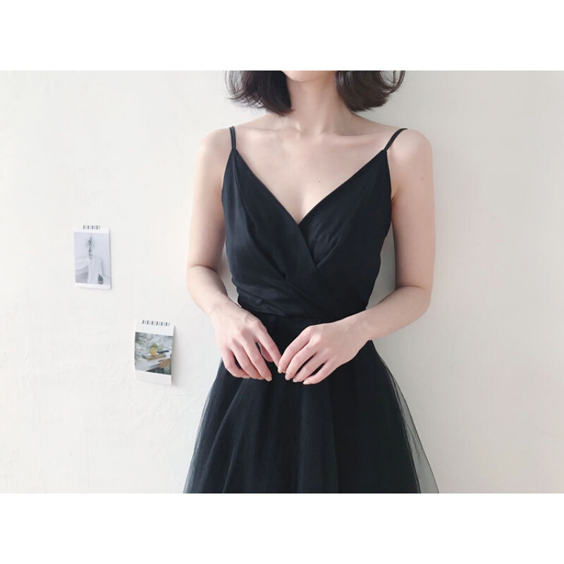 带连衣裙夏季款女韩版黑色长裙2018新款chic小黑裙夏沙滩裙纱仙