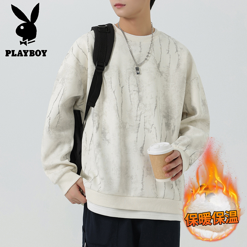 花花公子新款高品质加绒重磅圆领卫衣男2025秋冬新款假两件拼接扎染宽松休闲上衣高清大图