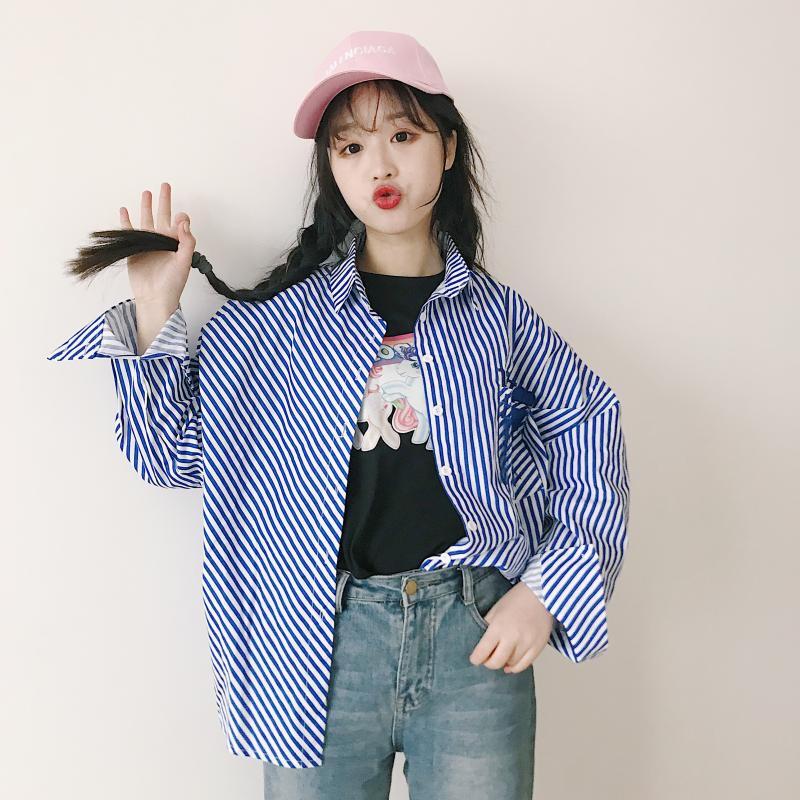 春装女装韩版宽松时尚条纹字母刺绣百搭衬衣学生衬衫开衫上衣外套红条均码