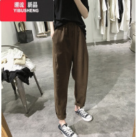 YIBUSHENG亚麻九分裤女季大码口袋休闲裤宽松显瘦阔腿裤松紧腰棉麻哈伦裤