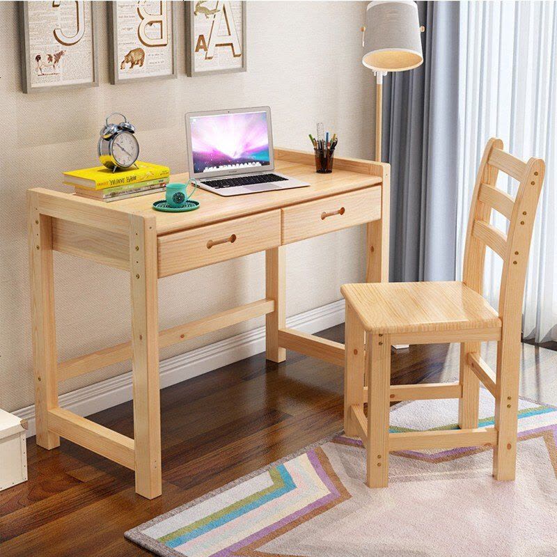 实木书桌家用台式电脑桌可升降学生学习桌松木写字桌椅套装写字台 100原木套装 组装时尚新款图片