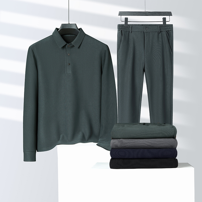 恒源祥中老年人男士宽松长袖polo衫套装中年爸爸装休闲t恤两件套 绿色套装 56推荐体重170-190斤